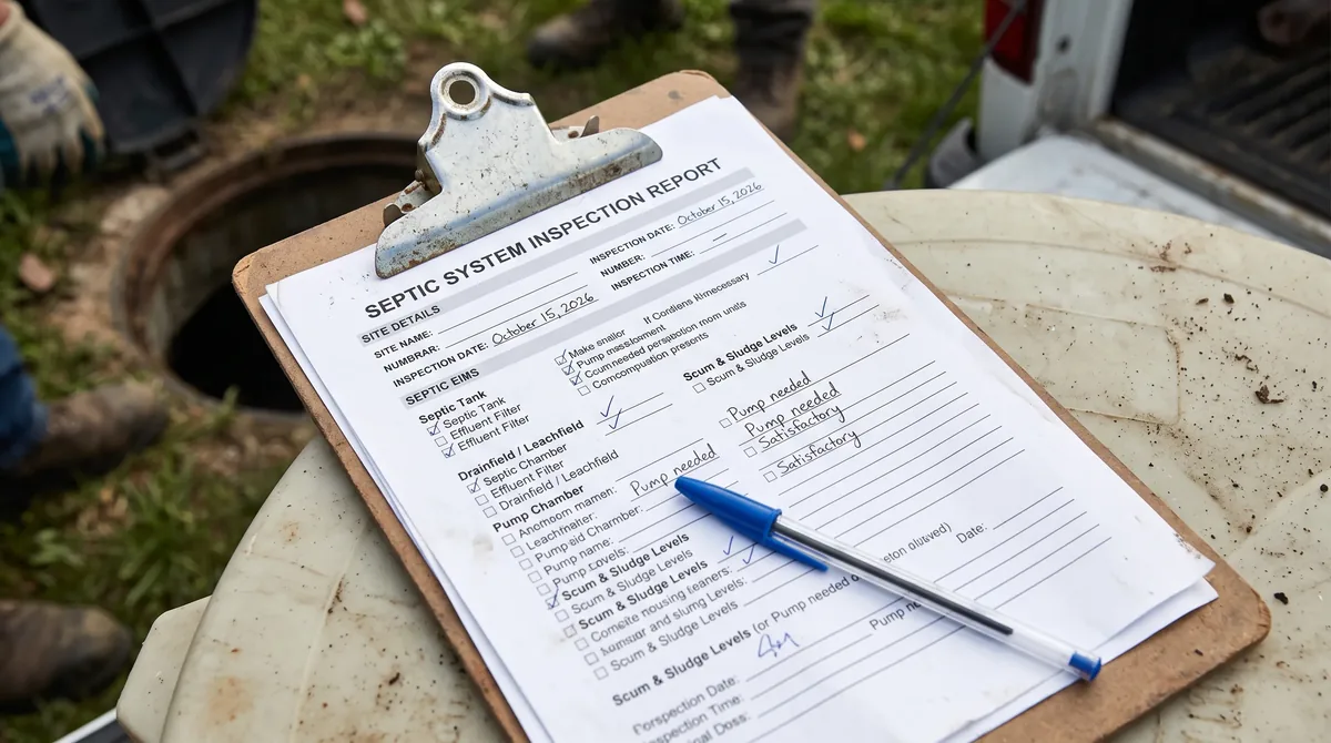 Partly completed septic inspection report and blue pen on a clipboard, resting on a concrete tank lid by an open riser