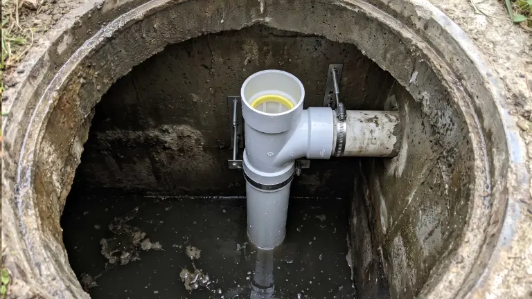New white PVC outlet tee fitted inside a concrete septic tank, seen through the open access