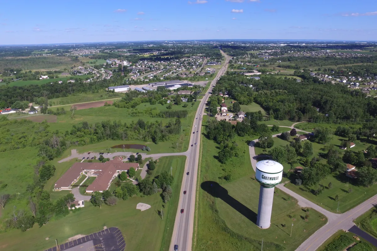 Aerial view of Greenville, WI looking southeast along Highway 15