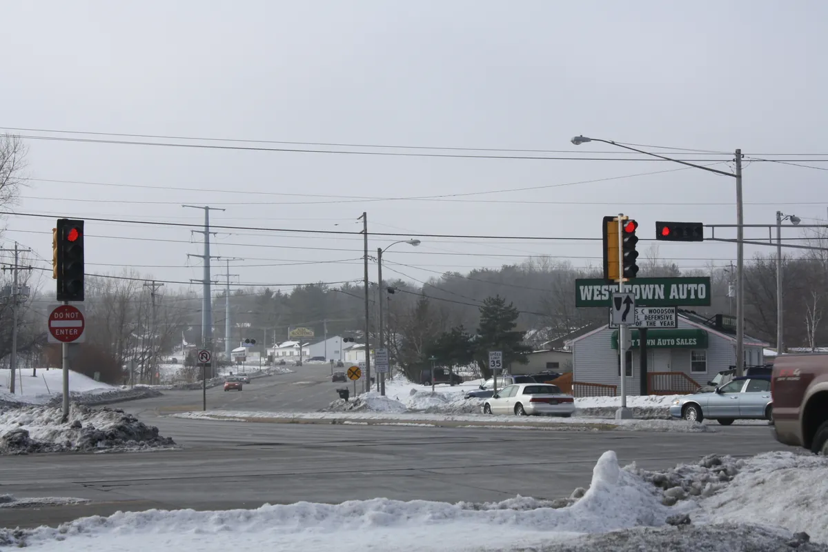 Winter view of Howard, WI from an intersection on Highway 29